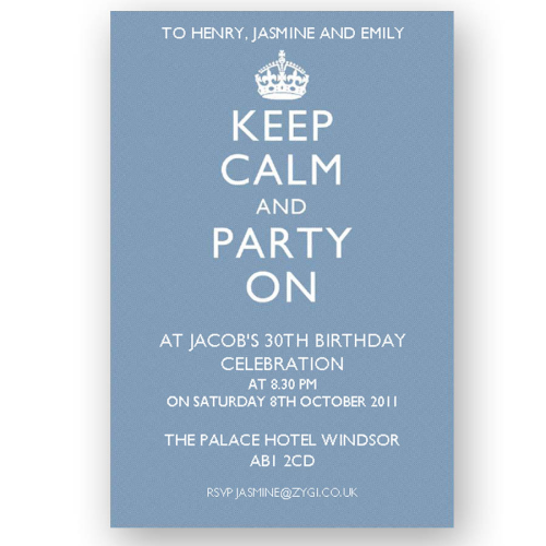invitation editable keep calm and party on blue